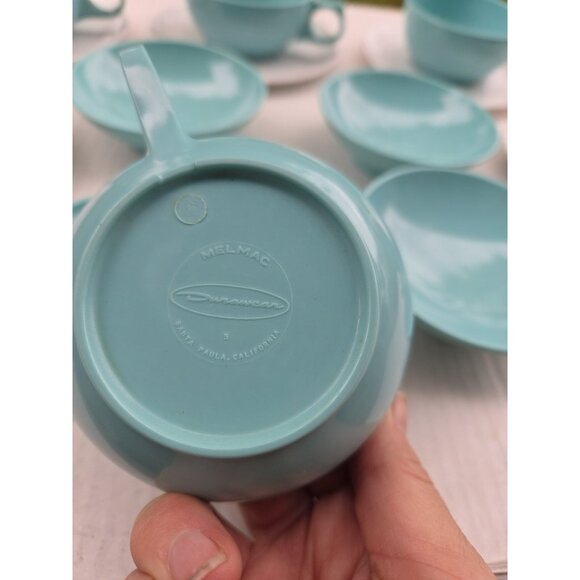 Set 14 Vintage MCM Melmac Durawear White & Turquoise Coffee Cups Berry Bowls - Picture 6 of 13